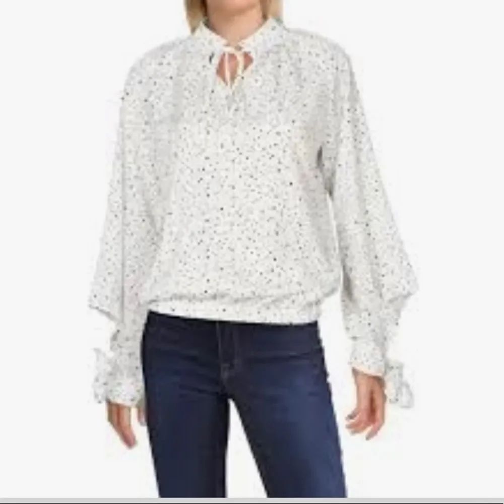 NEW Gracia white black pindot tie neck long sleeve tie cuffs formal blouse S